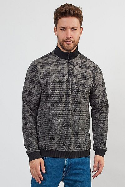 ENQUE Hanorac negru din tricotaje - bărbați, guler vertical, fermoar și model