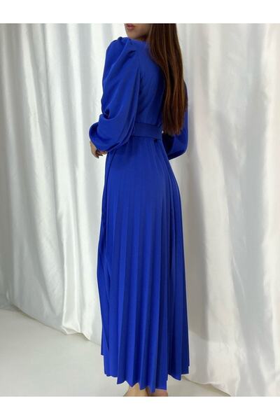 Secret Passion Lingerie Double Breasted Neck Long Sleeve Blue Color Pleated Belted Midi Dress 708 582242