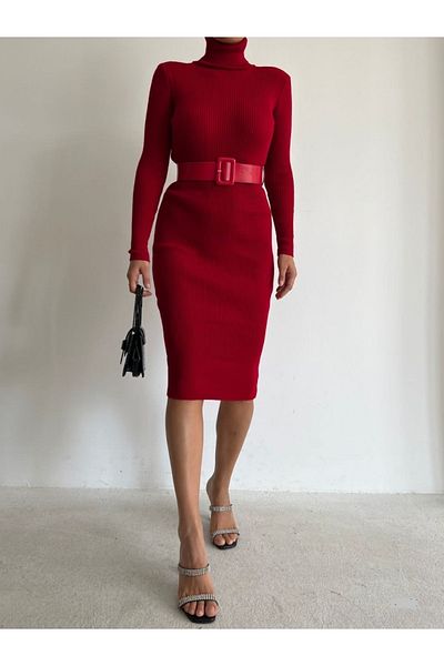 Secret Passion Lingerie New Season Belt Detail Turtleneck Red Knitwear Midi Length Evening Dress and Graduation Dress 0167 712