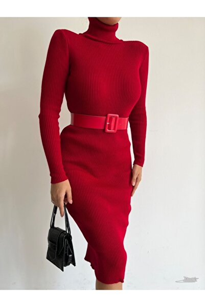 Secret Passion Lingerie New Season Belt Detail Turtleneck Red Knitwear Midi Length Evening Dress and Graduation Dress 0167 712