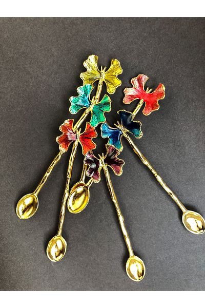 CHANCE GİFT Gold Plated Butterfly Figure Enameled 6 Teaspoon