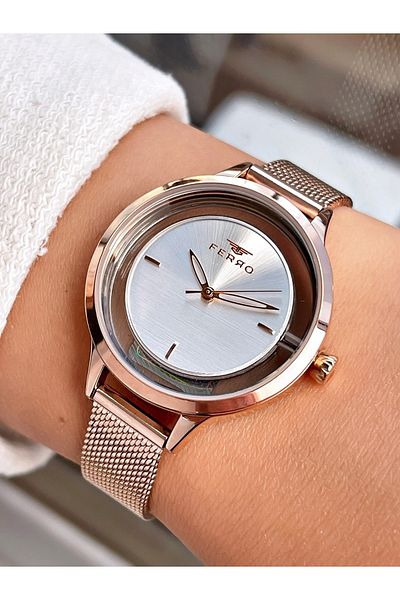 FERRO Rose Gold Color Simple Model Steel Strap Women's Wristwatch