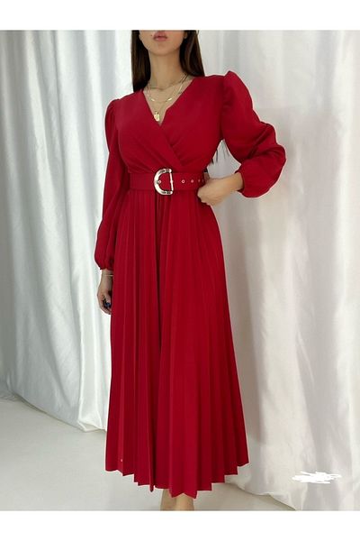 Secret Passion Lingerie Double Breasted Collar Long Sleeve Red Color Pleated Belted Midi Length Hijab Dress 708 582242