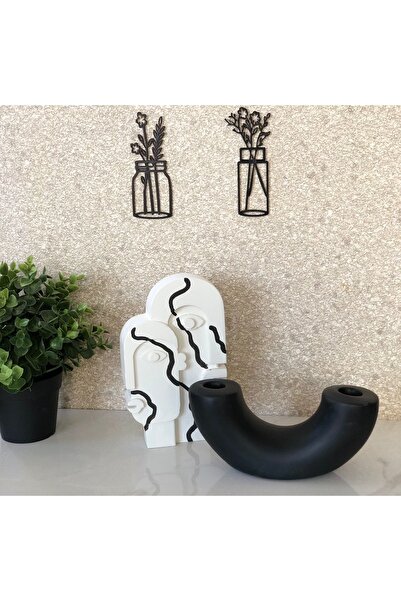 thiramis homeconcept Dekoratif Soyut Yüz Siyah Çizgili & Siyah Şamdan Mumluk 2li Set
