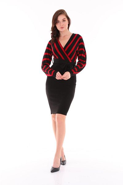 asur boutique Rochie de damă, cu model cu linie roșie, cu guler dublu, detaliată, de culoare neagră