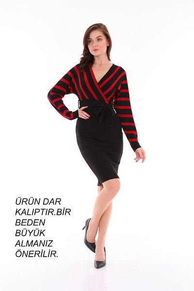 asur boutique Rochie de damă, cu model cu linie roșie, cu guler dublu, detaliată, de culoare neagră