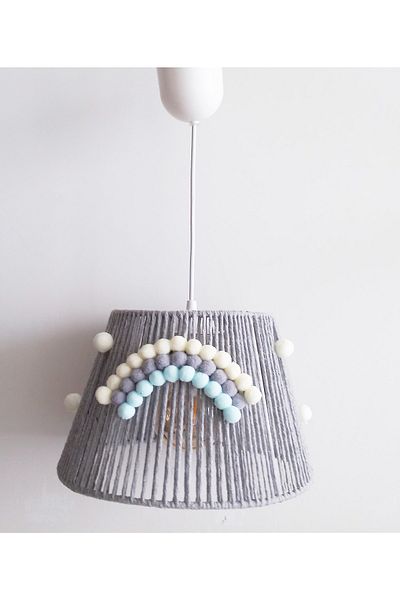 C&A&B KUZEY AVİZE Gray Macrame Rope Wrap Ecru-gray-blue Pompom Rainbow Baby Boy and Children's Room Pendant Lamp Chandelier