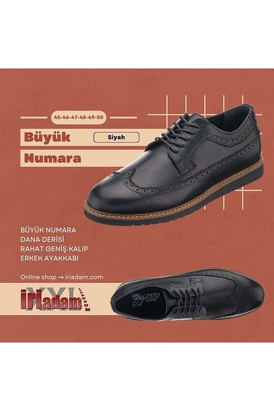 İriadam 45 - 46 - 47 - 48 -49 - 50 Nrm1241 Black Large Size Calf Leather Comfortable Wide Fit Men's Shoes