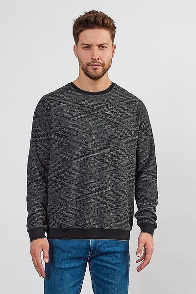 ENQUE Men's Black Knitwear Sweatshirt - Crew Neck, Patterned