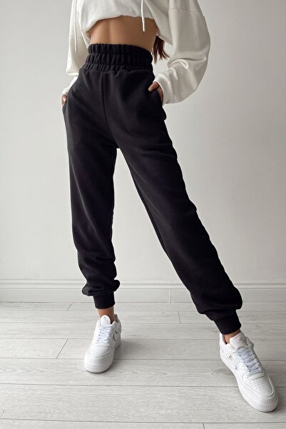 Sun Victoria Γυναικείο χειμερινό μαύρο φούτερ Jogger με εξαιρετικά ψηλή μέση και χοντρή ζώνη με φλις εσωτερικά