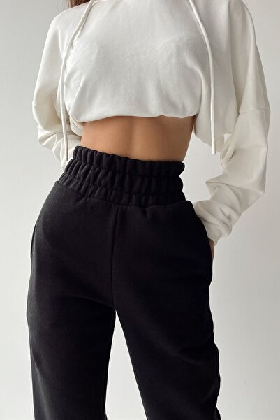 Sun Victoria Γυναικείο χειμερινό μαύρο φούτερ Jogger με εξαιρετικά ψηλή μέση και χοντρή ζώνη με φλις εσωτερικά