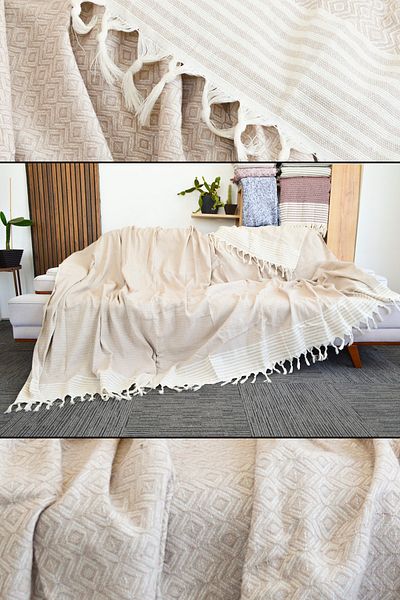 Mutlu Çeyiz Diamond Luxury Cotton Knitted Sofa Sofa Bed Cover Multi-Purpose 180x300 Cm Beige Seat Cover