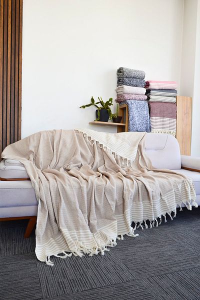 Mutlu Çeyiz Diamond Luxury Cotton Knitted Sofa Sofa Bed Cover Multi-Purpose 180x300 Cm Beige Seat Cover
