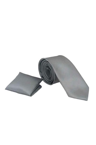 Gaffy Gray Silim Fit Thin Solid Color Satin Tie with Handkerchief-klr-sk/04