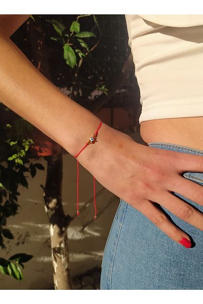 TÜKKAN ACCESSORİES Gold Plated Evil Eye Bead Star Figure Detail Macrame Knitted Bracelet