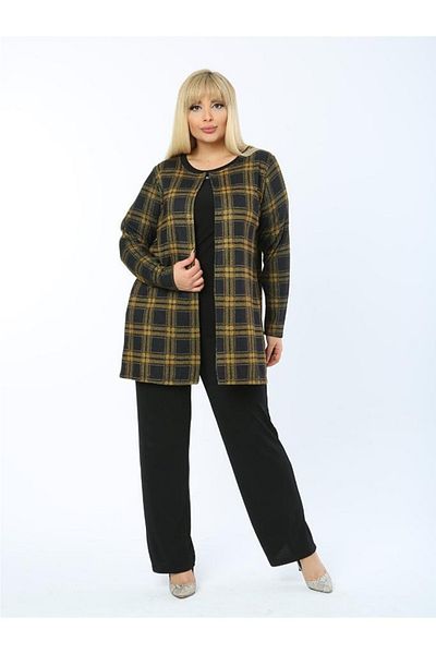 ViolettaXL Women's Plus Size Black Yellow Plaid Collar Flap Flexible Jacquard Jacket