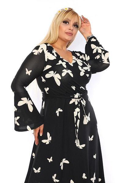 Mami Plus Size Black Butterfly Pattern Double Breasted Neck Tie Waist Long Maxi Crepe Fabric Dress