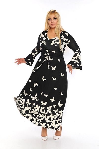 Mami Plus Size Black Butterfly Pattern Double Breasted Neck Tie Waist Long Maxi Crepe Fabric Dress