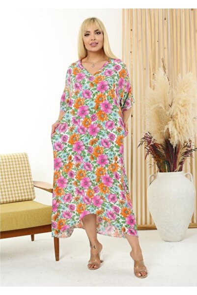 ViolettaXL Women's Plus Size Orange Fuchsia Floral Pocket V Neck Loose Woven Dress