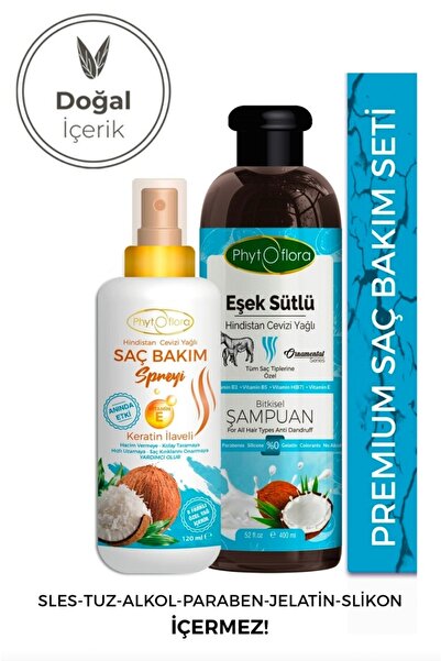Phytoflora 2'li Set Eşek Sütlü Doğal Şampuan ve Hindistan Cevizi Yağlı Saç Spreyi