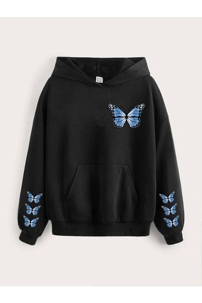 LePold Dívčí mikina s kapucí Black Blue Butterfly Butterfly