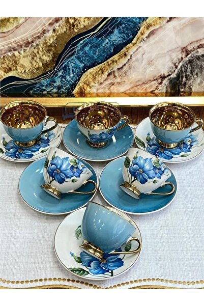 Sembol Aero Mavi Gold Çiçekli 6 Kişilik Porselen Nescafe Çay Fincan Takımı Ha...