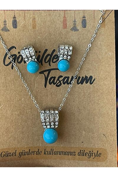 Gönülden Tasarım Design Zircon Stone Blue Beaded Necklace Earring Set
