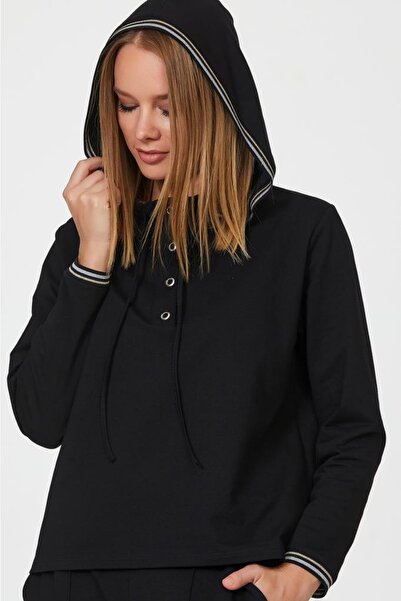 İKİLER Yakası Çıtçıtlı Sim Şeritli Kapşonlu S-shirt 223-2104