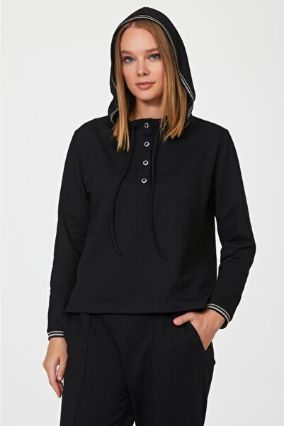 İKİLER Yakası Çıtçıtlı Sim Şeritli Kapşonlu S-shirt 223-2104