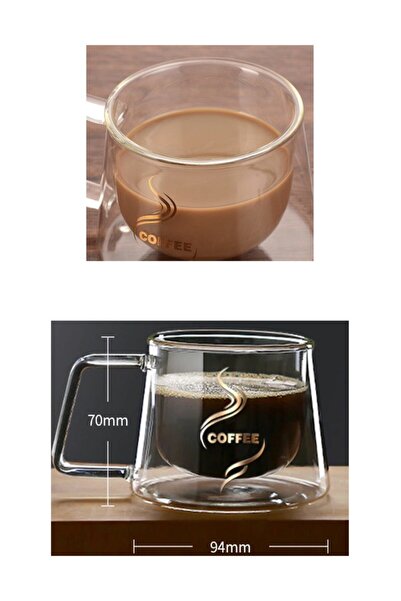 Balsa Grup 2 Pieces Double Walled Glass Mug Home Office Cup 200 Ml Double Walled Thermal Insulated Glass Cup with Handle