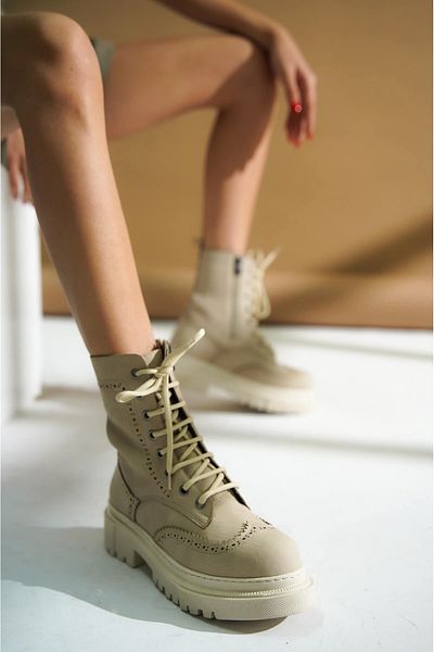 DİVOLYA Γυναικείες καθημερινές μπότες Moli Beige Diana Model με χοντρή σόλα