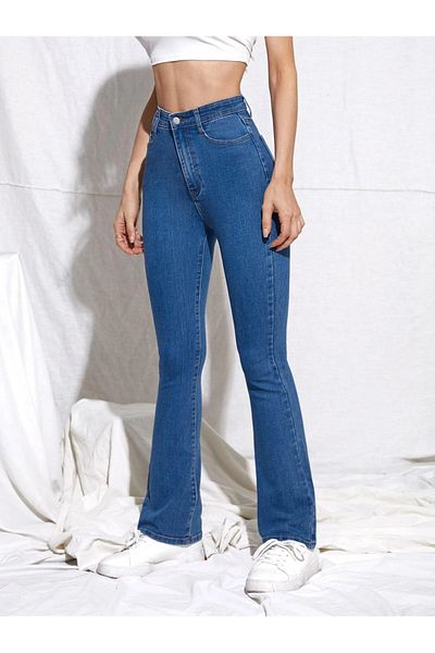 SHEVEGA Modré džíny s vysokým pasem Lycra Flared Leg Flare Fit