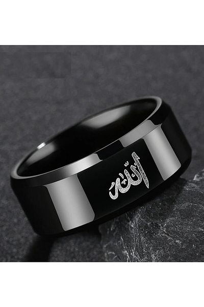 Modaadresiniz خاتم من الفولاذ المطلي بالتيتانيوم مكتوب عليه الله العربي للرجال والنساء