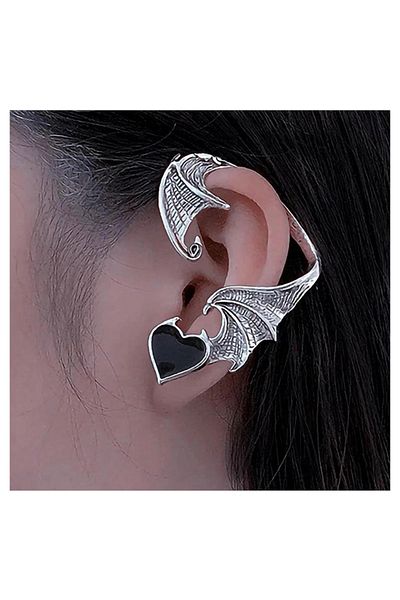 Köstebek Gothic Black Heart Dragon Wings Elf Cuff Earrings