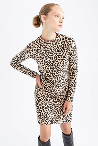DeFacto Μίνι μακρυμάνικο φόρεμα Bodycon Crew Neck Leopard Print