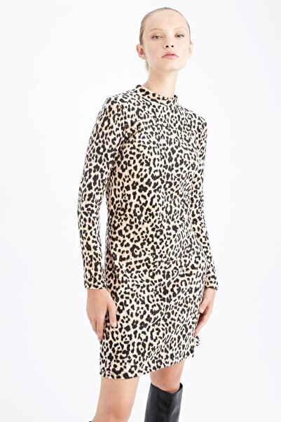 DeFacto Μίνι μακρυμάνικο φόρεμα Bodycon Crew Neck Leopard Print