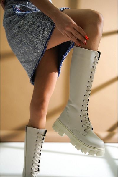 DİVOLYA Καθημερινές γυναικείες μπότες Maksy Beige Lace Up με φερμουάρ στο πλάι
