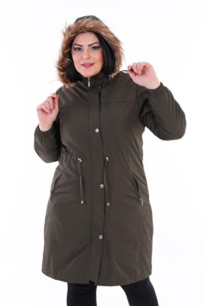 TUTveAL Collection Women's Water Resistant Plus Size Coat Hooded Long Khaki Coat Bonded Fabric Inside Fur Coat