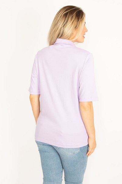 Şans Women's Large Size Lilac Polo Collar Buttoned Glitter and Stone Detailed Blouse 65n34521