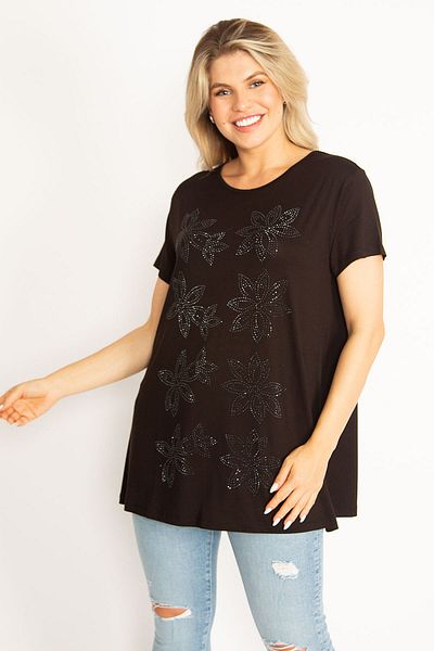 Şans Women's Large Size Black Stone Detailed Blouse 65n34565