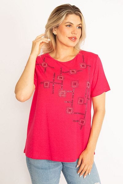 Şans Women's Large Size Fujia Stone Detailed Blouse 65n34525