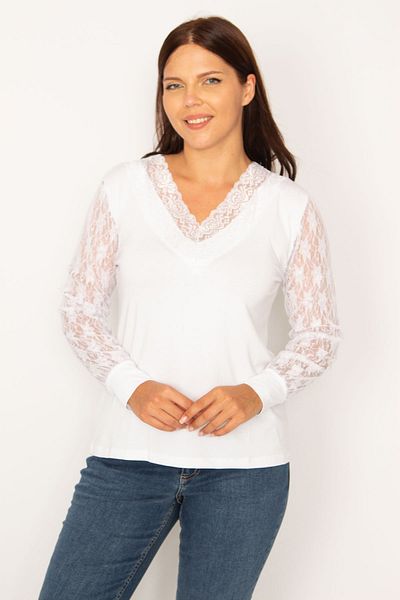 Şans Women's Large Size White Collar and Sleeves Lace V-Neck Blouse 65n34528