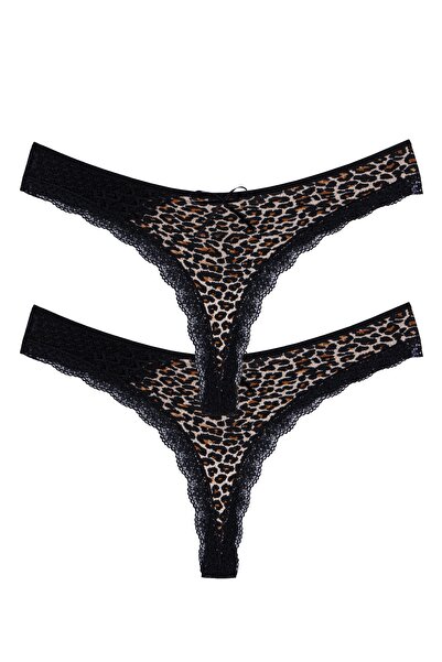 Perita.Life Kadın, Siyah, Dantel Detaylı, Pamuklu, Leopar Desenli 2'li String/tanga