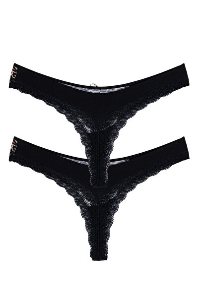 Perita.Life Kadın, Siyah, Dantel Detaylı, Pamuklu, Leopar Desenli 2'li String/tanga