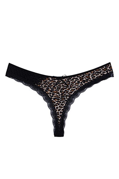 Perita.Life Kadın, Siyah, Dantel Detaylı, Pamuklu, Leopar Desenli 2'li String/tanga