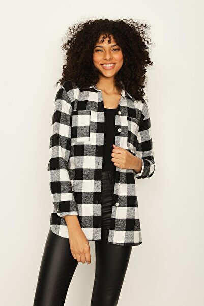 Select Moda Kadın Siyah Kareli Önden Düğmeli Oduncu Gömlek