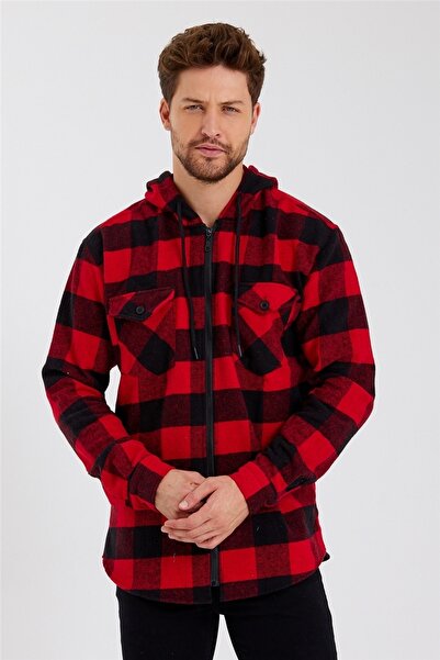 COOL TARZ Erkek Kırmızı Ekoseli Çift Cepli Kapüşonlu Oduncu Gömlek-frmodg001r06s