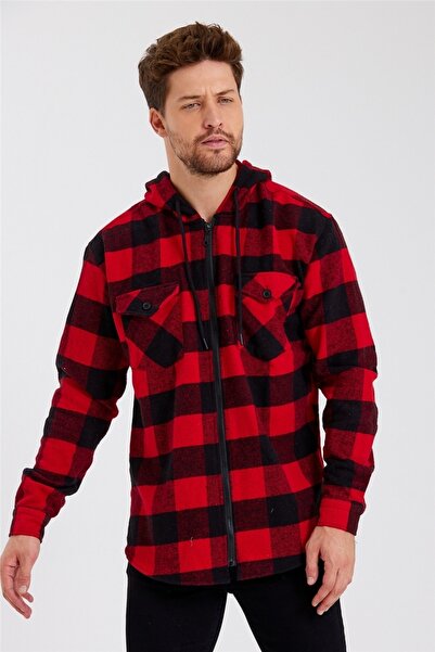 COOL TARZ Erkek Kırmızı Ekoseli Çift Cepli Kapüşonlu Oduncu Gömlek-frmodg001r06s