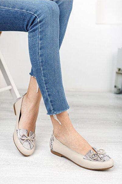 Deripabuc Genuine Leather Beige Snake Women's Leather Ballerinas Dp-0104