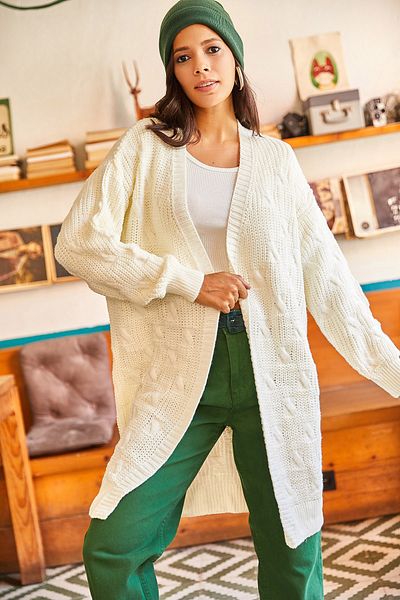 Olalook Women's Ecru Hair Braided Thick Knit Cardigan HRK-19000171